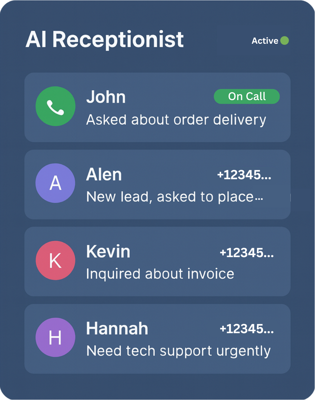 AI receptionist handling calls dashboard